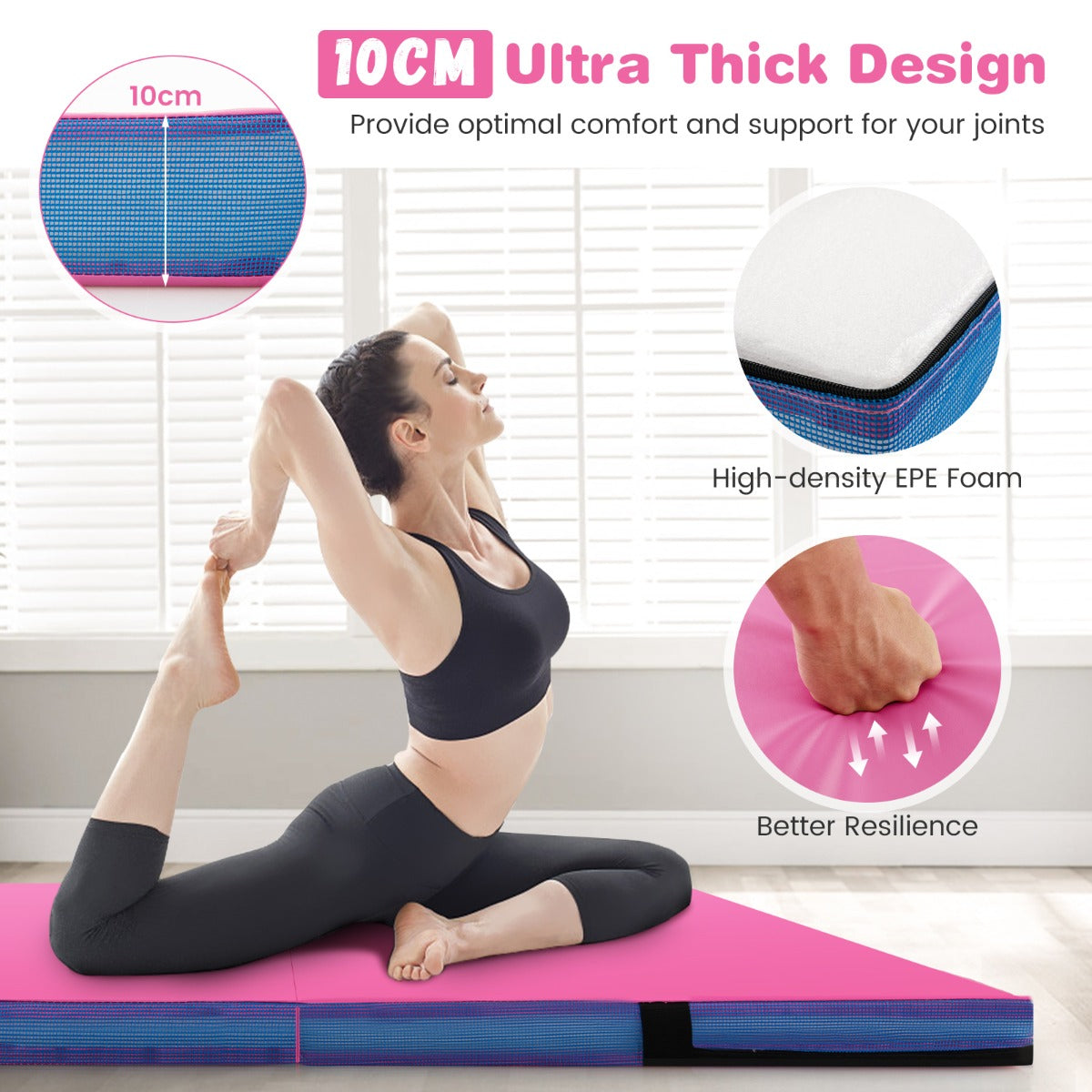 Livsk costway opvouwbare gymmat 122 x 122 x 10 cm dikte dubbel opvouwbare gym en tumblingmat roze 3
