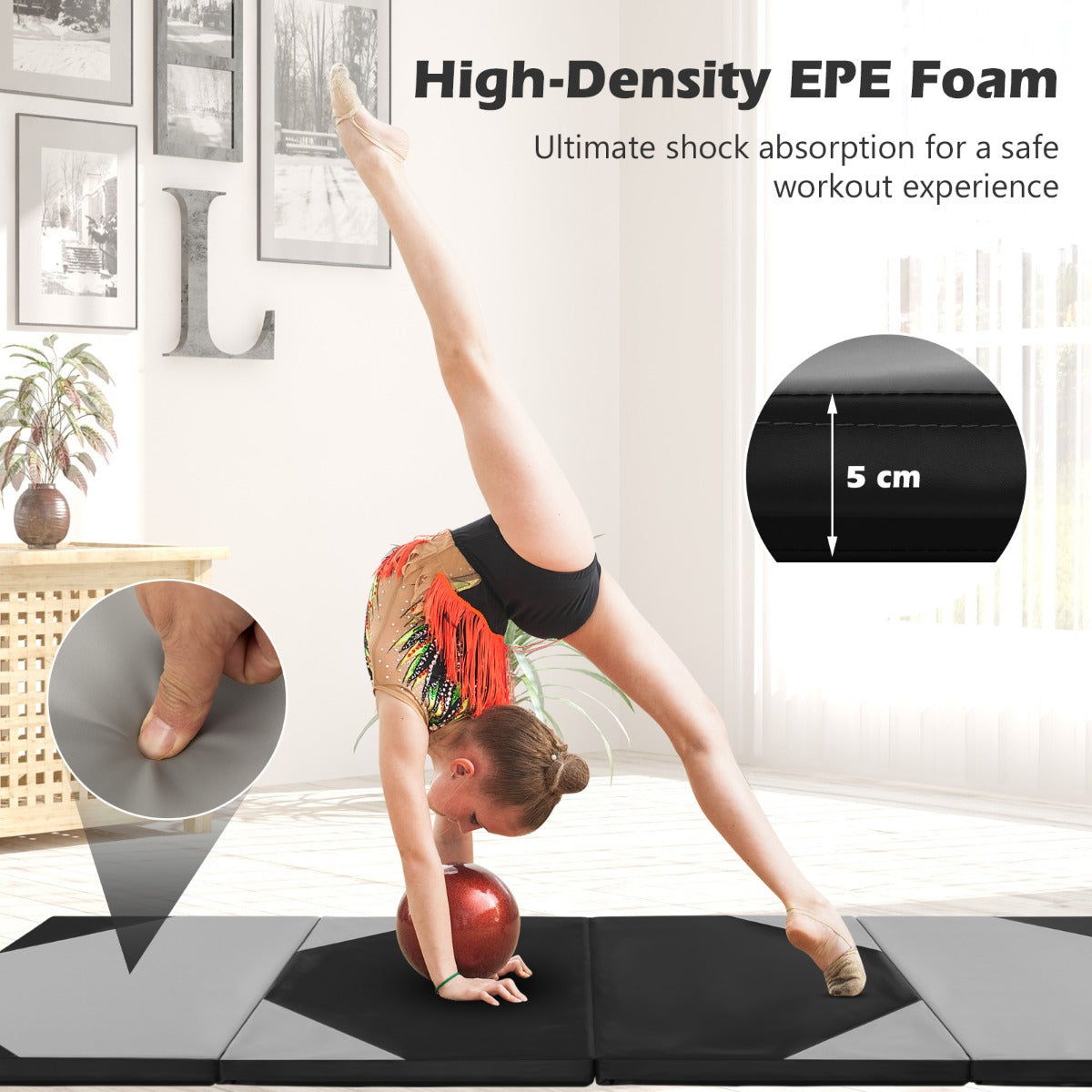 LIVSK Opvouwbare Fitnessmat - 5 cm EPE-schuim - Handgrepen - Waterdichte PU-hoes - Klittenband - 300 x 117 x 5 cm - Roze + Zwart