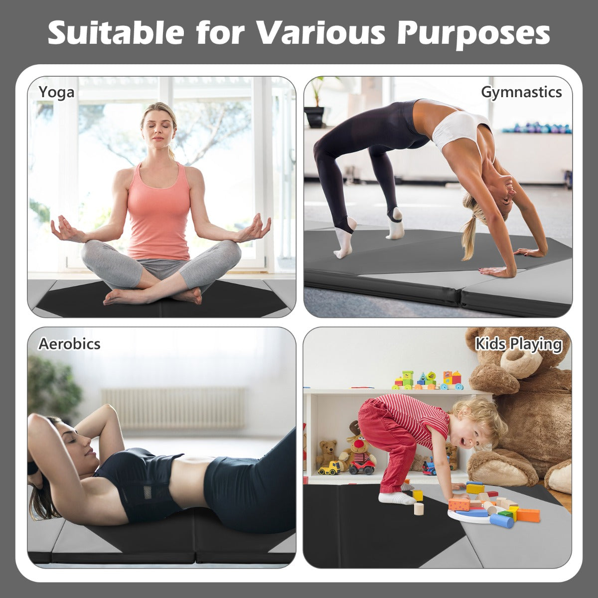LIVSK Opvouwbare Fitnessmat - 5 cm EPE-schuim - Handgrepen - Waterdichte PU-hoes - Klittenband - 300 x 117 x 5 cm - Roze + Zwart