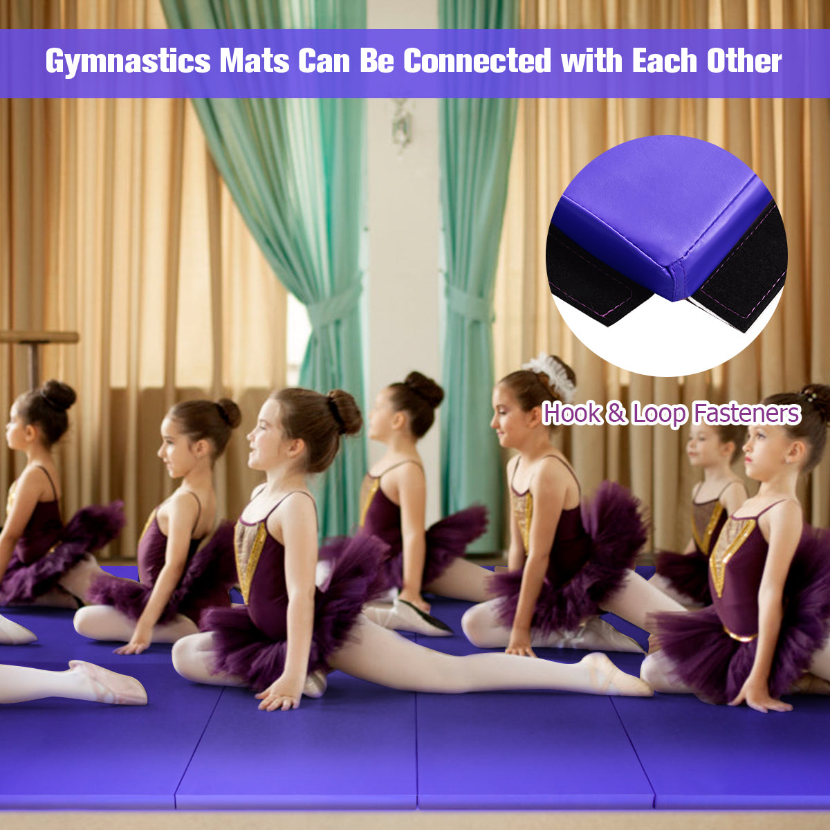 LIVSK Opvouwbare Gymnastiekmat - Draagbaar met Klittenbandsluitingen - 300 x 116 x 5 cm - EPE-schuim en PU-leer - Diep paars