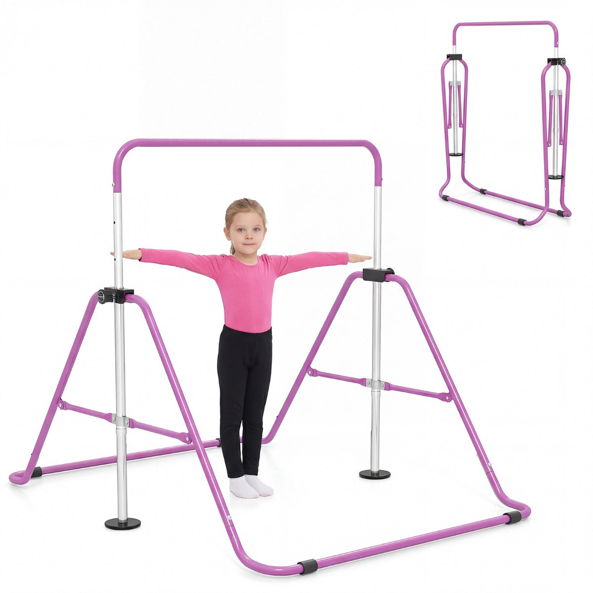 Livsk costway opvouwbare gymnastiekstang voor kinderen in hoogte verstelbare horizontale kip trainingsstang met antislipbasis paars