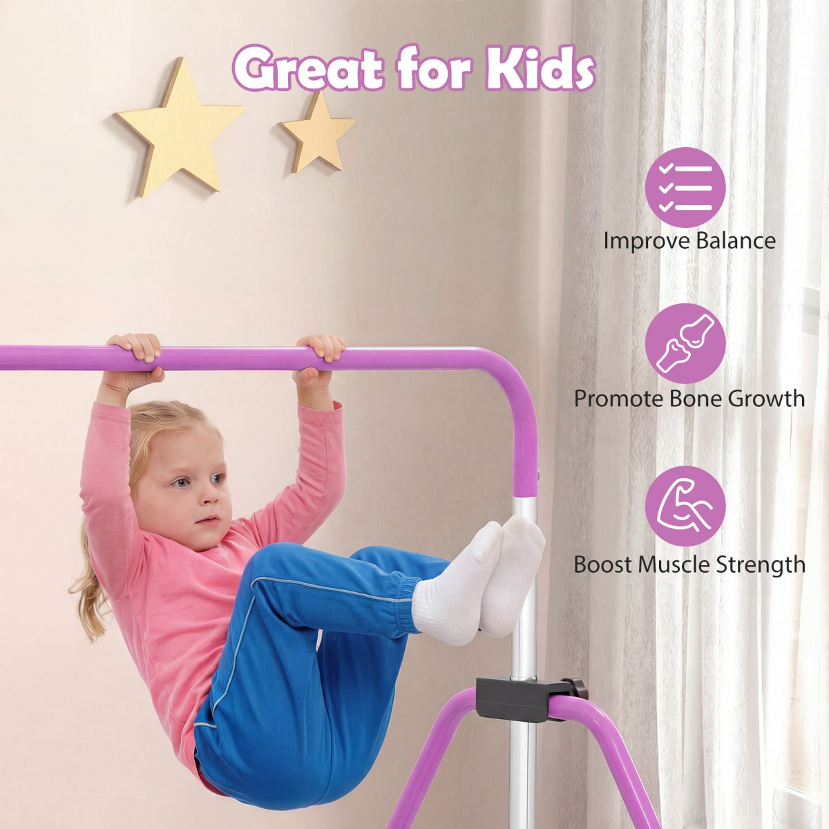 Livsk costway opvouwbare gymnastiekstang voor kinderen in hoogte verstelbare horizontale kip trainingsstang met antislipbasis paars