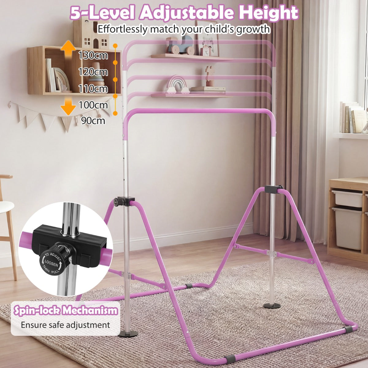 Livsk costway opvouwbare gymnastiekstang voor kinderen in hoogte verstelbare horizontale kip trainingsstang met antislipbasis paars