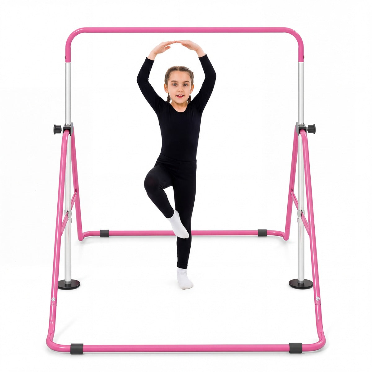 Livsk costway opvouwbare gymnastiekstang voor kinderen in hoogte verstelbare horizontale kip trainingsstang met antislipbasis roze 1