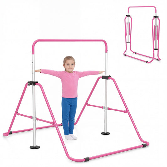 Livsk costway opvouwbare gymnastiekstang voor kinderen in hoogte verstelbare horizontale kip trainingsstang met antislipbasis roze