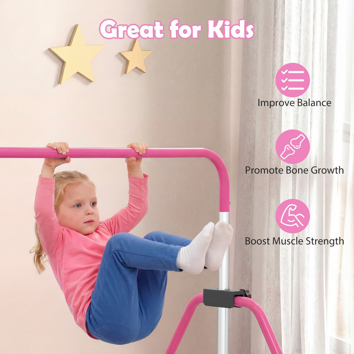 Livsk costway opvouwbare gymnastiekstang voor kinderen in hoogte verstelbare horizontale kip trainingsstang met antislipbasis roze