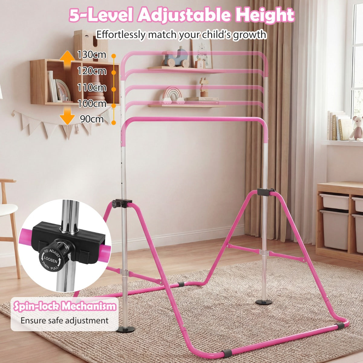 Livsk costway opvouwbare gymnastiekstang voor kinderen in hoogte verstelbare horizontale kip trainingsstang met antislipbasis roze
