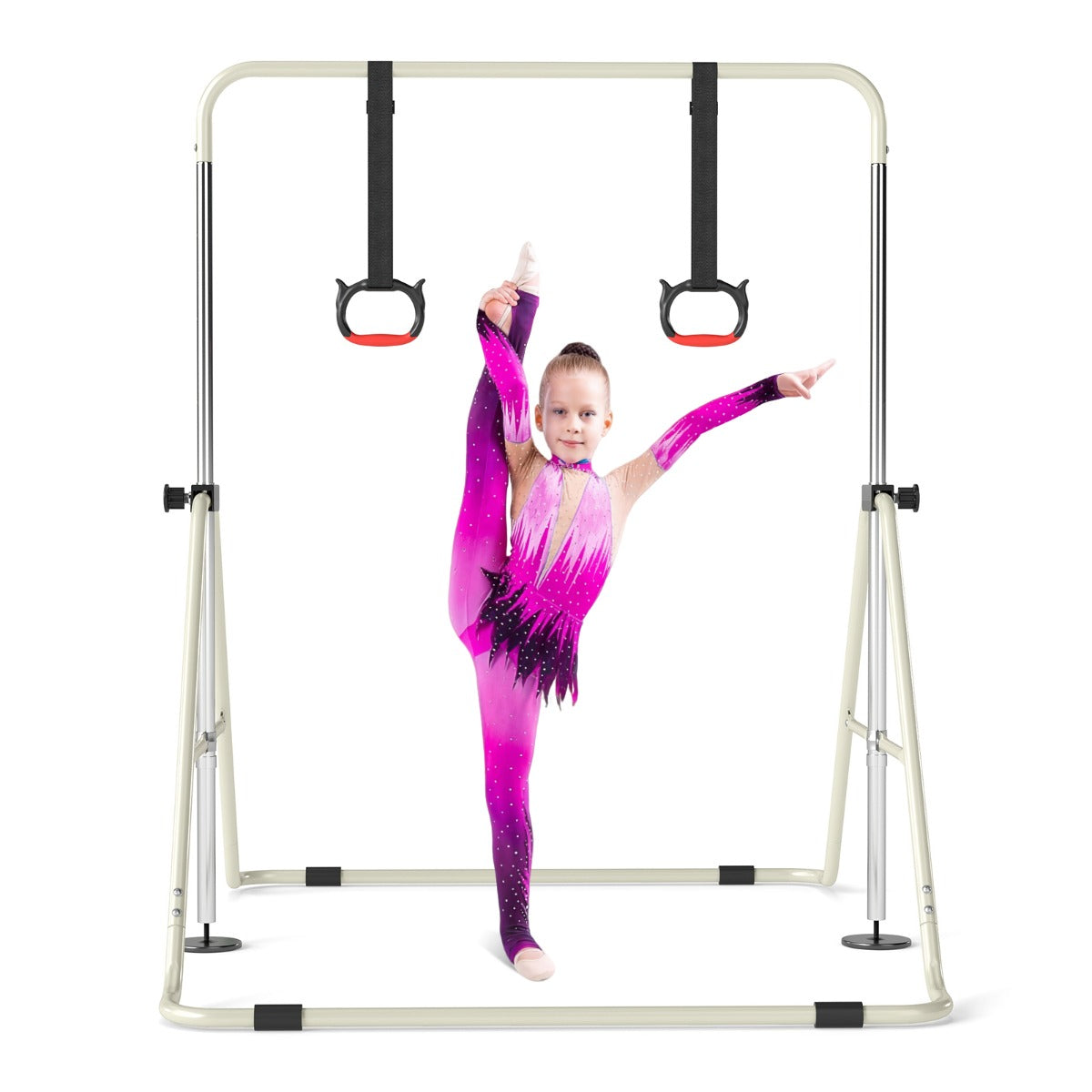 Livsk costway opvouwbare gymnastiekstang voor kinderen met vier in hoogte verstelbare dwarsbalken en gymnastiekringen 1