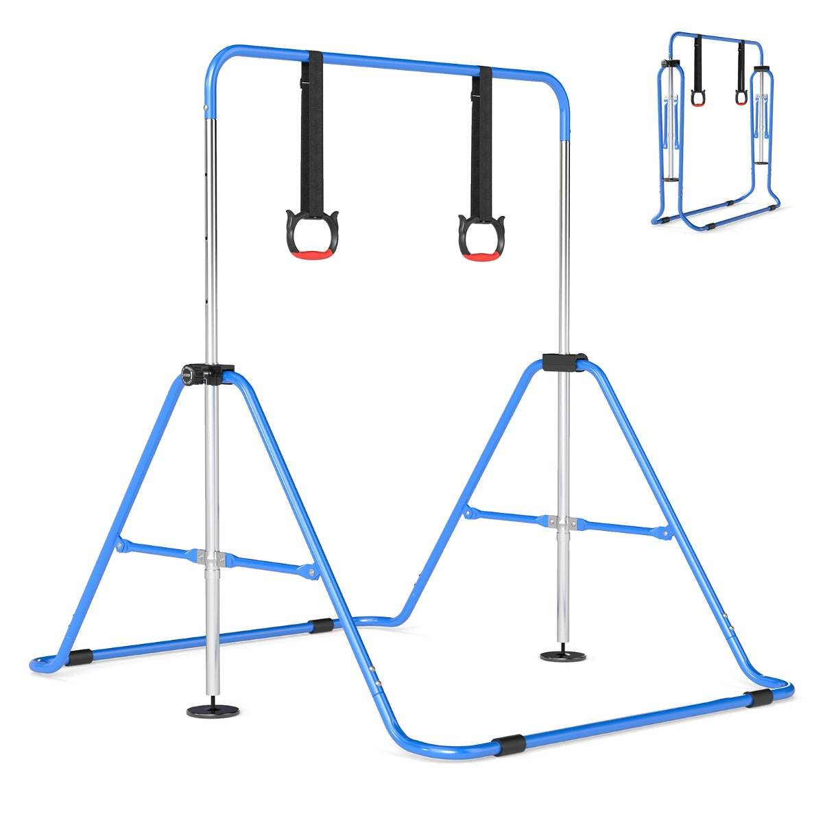 Livsk costway opvouwbare gymnastiekstang voor kinderen met vier in hoogte verstelbare dwarsbalken en gymnastiekringen blauw