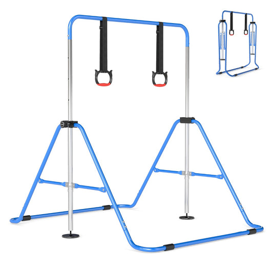 Livsk costway opvouwbare gymnastiekstang voor kinderen met vier in hoogte verstelbare dwarsbalken en gymnastiekringen blauw