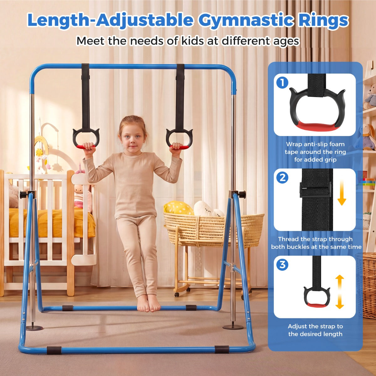 Livsk costway opvouwbare gymnastiekstang voor kinderen met vier in hoogte verstelbare dwarsbalken en gymnastiekringen blauw