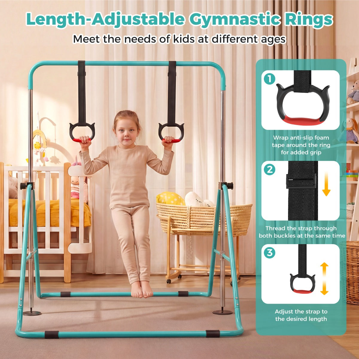 Livsk costway opvouwbare gymnastiekstang voor kinderen met vier in hoogte verstelbare dwarsbalken en gymnastiekringen groen