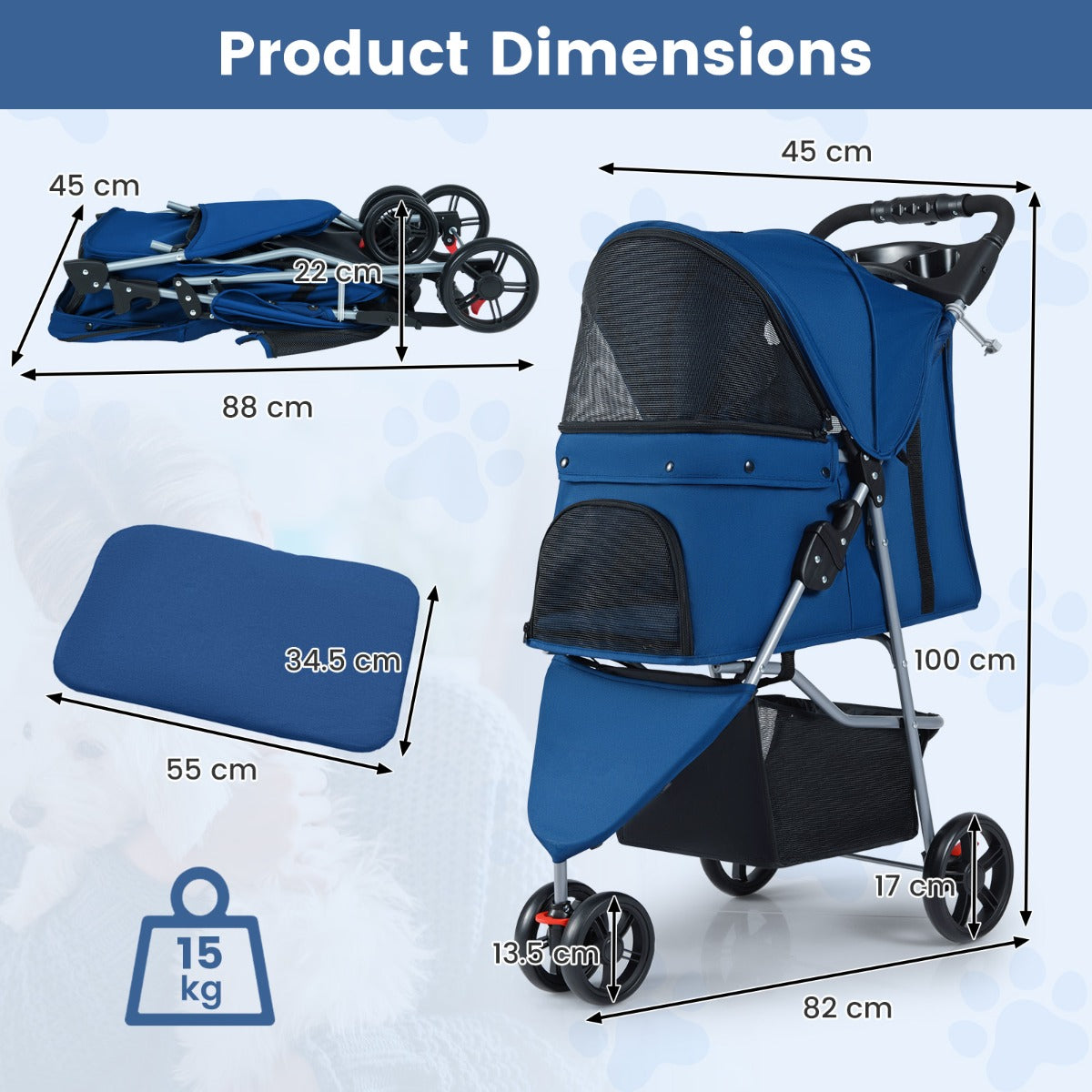 Livsk costway opvouwbare huisdierenwagen lichte kattenwandelwagen met verstelbare zonnekap afneembare en wasbare bekleding donkerblauw 1 1