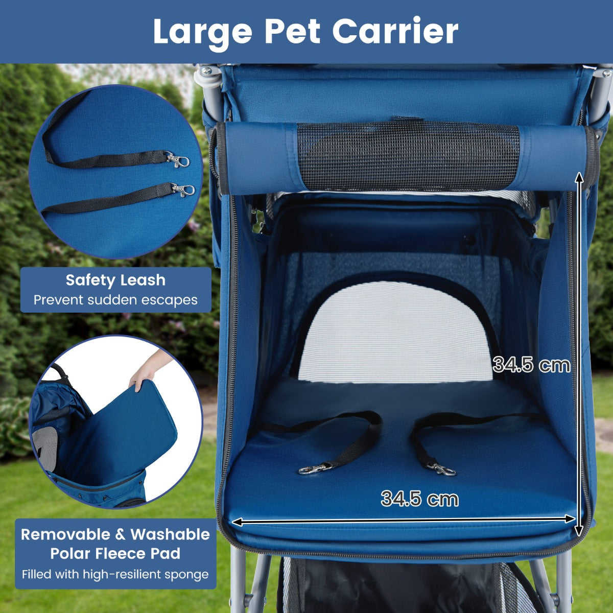 Livsk costway opvouwbare huisdierenwagen lichte kattenwandelwagen met verstelbare zonnekap afneembare en wasbare bekleding donkerblauw 2