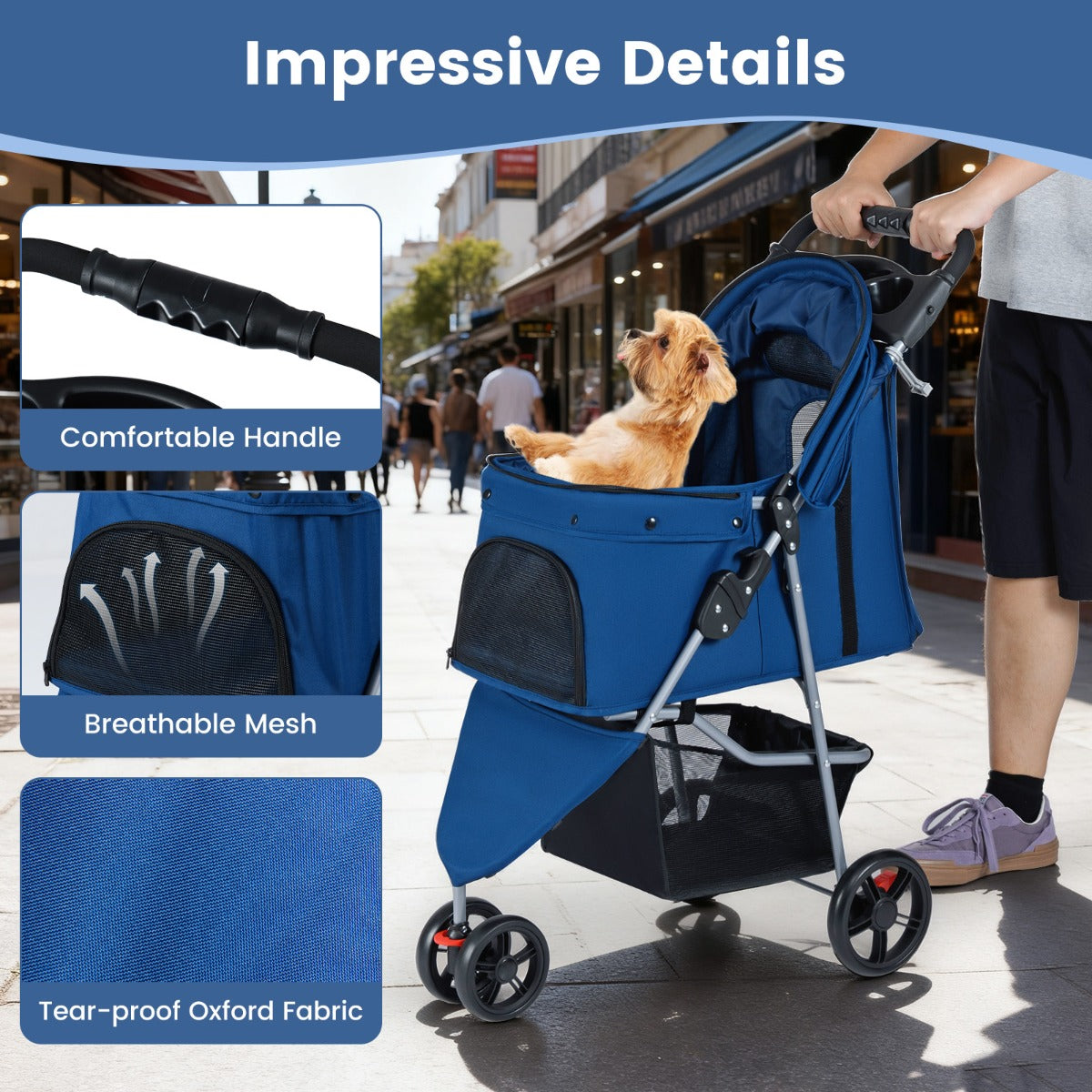 Livsk costway opvouwbare huisdierenwagen lichte kattenwandelwagen met verstelbare zonnekap afneembare en wasbare bekleding donkerblauw 5