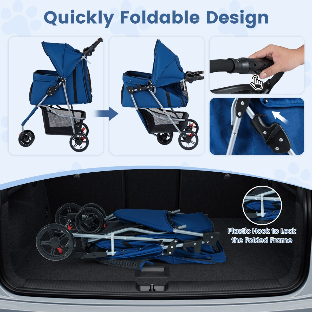 Livsk costway opvouwbare huisdierenwagen lichte kattenwandelwagen met verstelbare zonnekap afneembare en wasbare bekleding donkerblauw 6