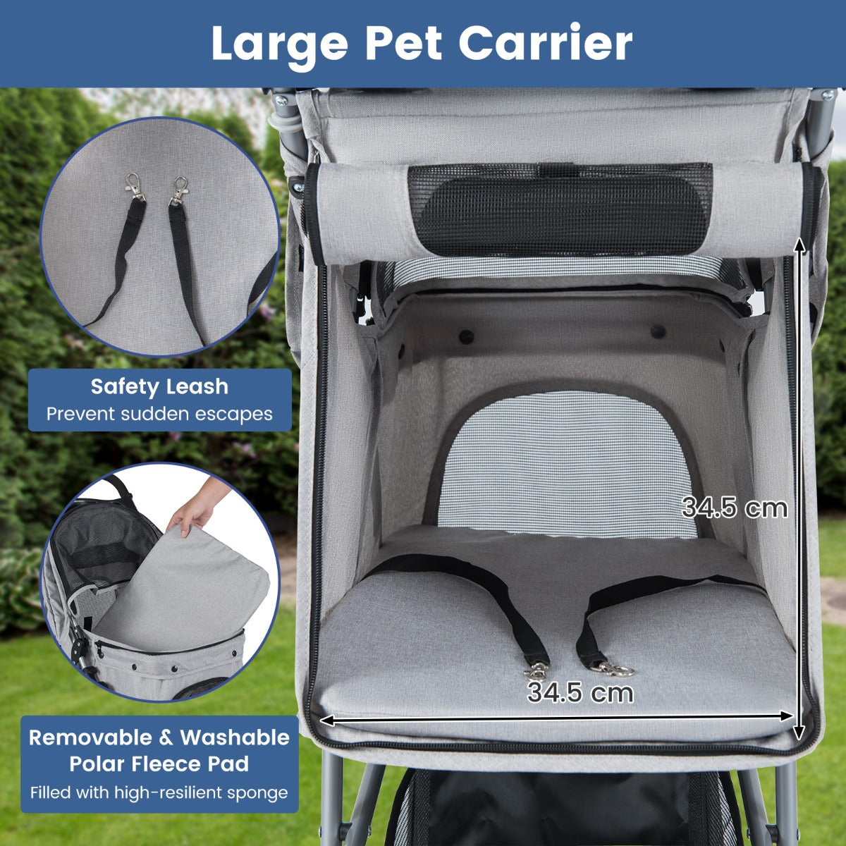 Livsk costway opvouwbare huisdierenwagen lichte kattenwandelwagen met verstelbare zonnekap afneembare en wasbare bekleding grijs 2