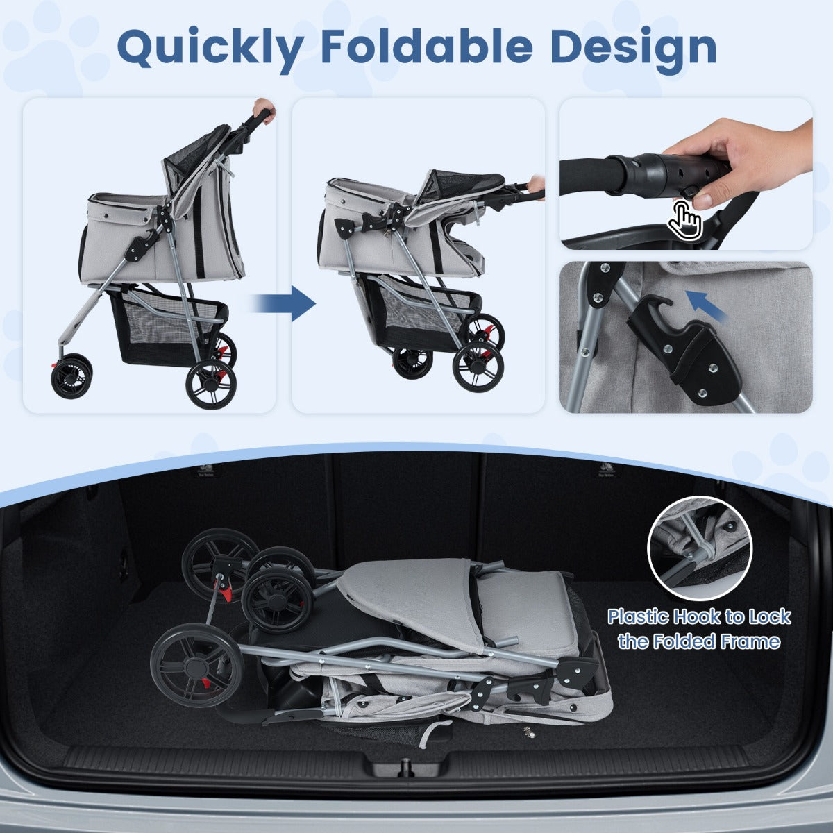 Livsk costway opvouwbare huisdierenwagen lichte kattenwandelwagen met verstelbare zonnekap afneembare en wasbare bekleding grijs 6