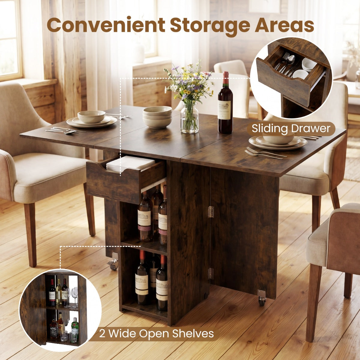 Livsk costway opvouwbare keukentafel opvouwbare tafel voor vier personen met lades donkerbruin 3