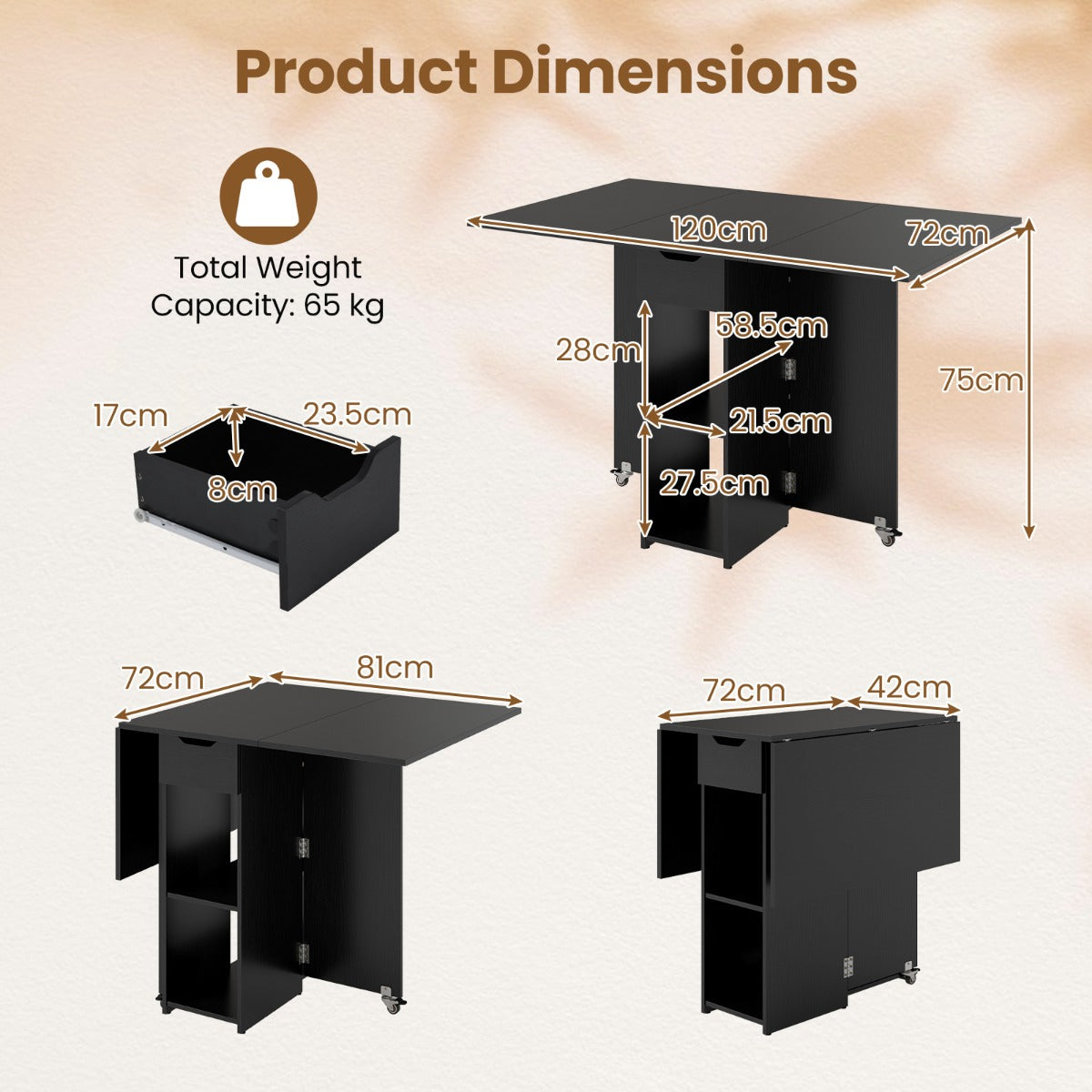 Livsk costway opvouwbare keukentafel opvouwbare tafel voor vier personen met lades zwart 2