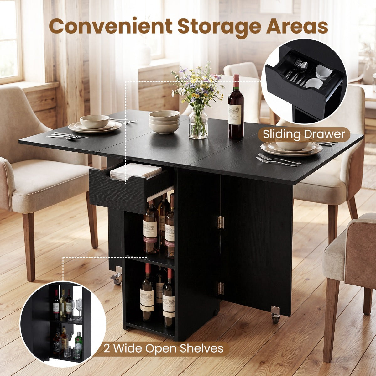 Livsk costway opvouwbare keukentafel opvouwbare tafel voor vier personen met lades zwart 3