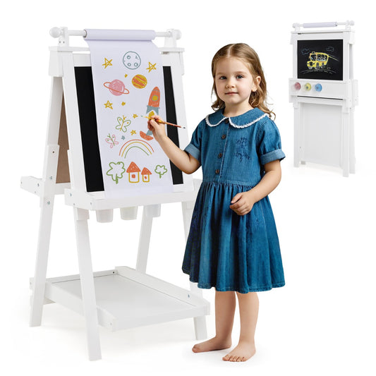 LIVSK Dubbelzijdige Kinderezel - 3-in-1 met Whiteboard en Magnetisch Bord - Verstelbaar van 106 tot 126 cm - Grijs/Wit