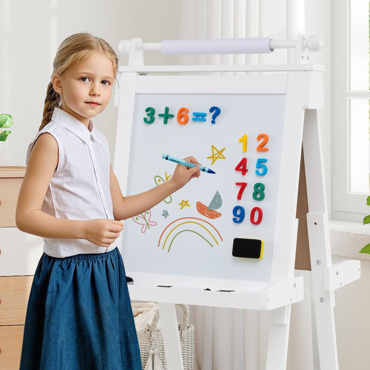LIVSK Dubbelzijdige Kinderezel - 3-in-1 met Whiteboard en Magnetisch Bord - Verstelbaar van 106 tot 126 cm - Grijs/Wit