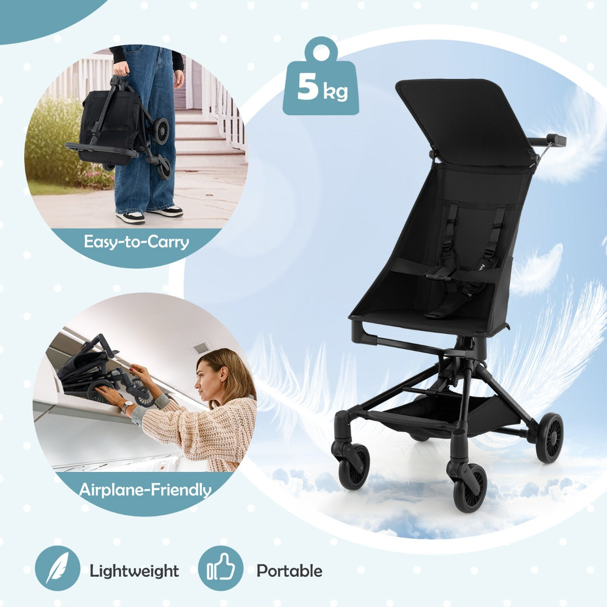 LIVSK Opvouwbare Kinderwagen - Lichtgewicht 5 kg - All-terrain Wielen - Compact voor Vliegtuigen - Voor Kinderen tot 15 kg - Zwart
