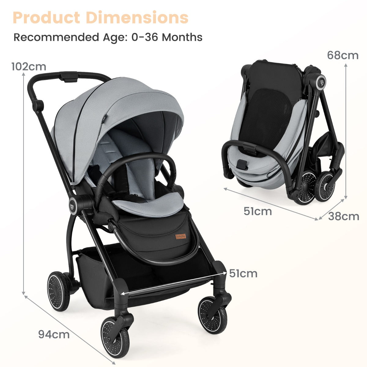 Livsk costway opvouwbare kinderwagen met omkeerbare zitting verstelbare rugleuning verstelbare kap handgreep aluminium kinderwagen grijs 1