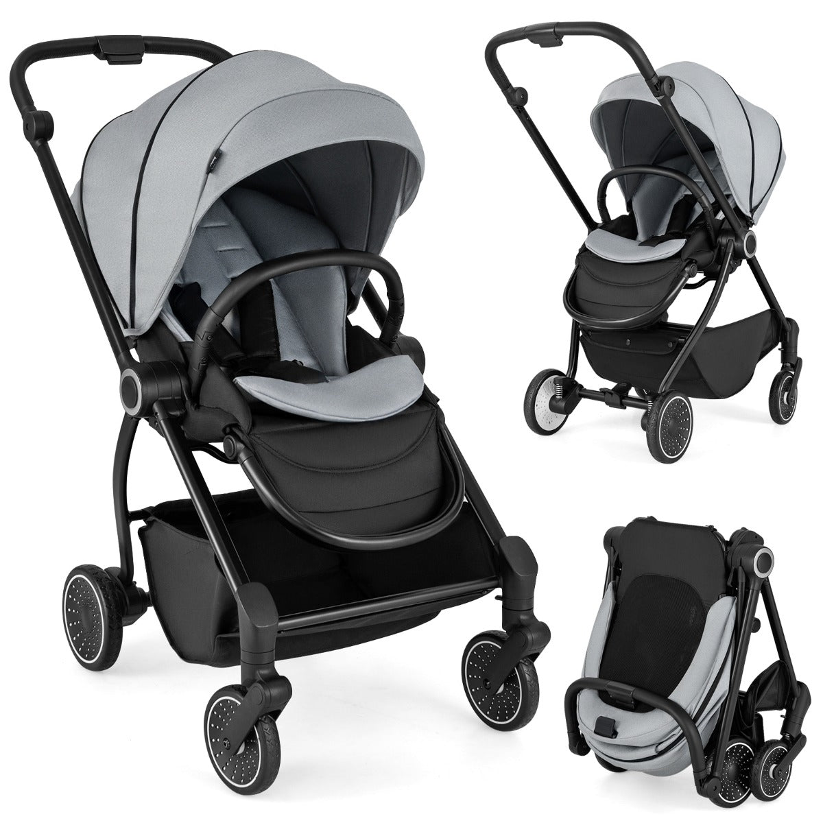 Livsk costway opvouwbare kinderwagen met omkeerbare zitting verstelbare rugleuning verstelbare kap handgreep aluminium kinderwagen grijs