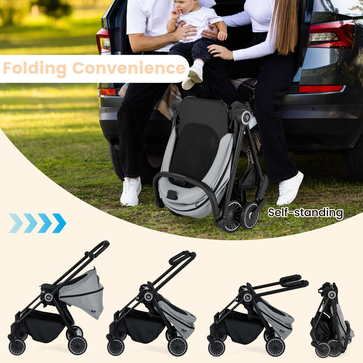 Livsk costway opvouwbare kinderwagen met omkeerbare zitting verstelbare rugleuning verstelbare kap handgreep aluminium kinderwagen grijs