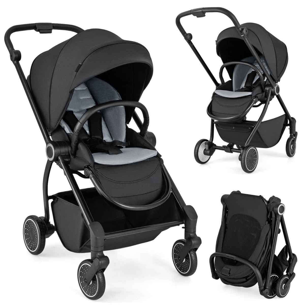 Livsk costway opvouwbare kinderwagen met omkeerbare zitting verstelbare rugleuning verstelbare kap handgreep aluminium kinderwagen zwart