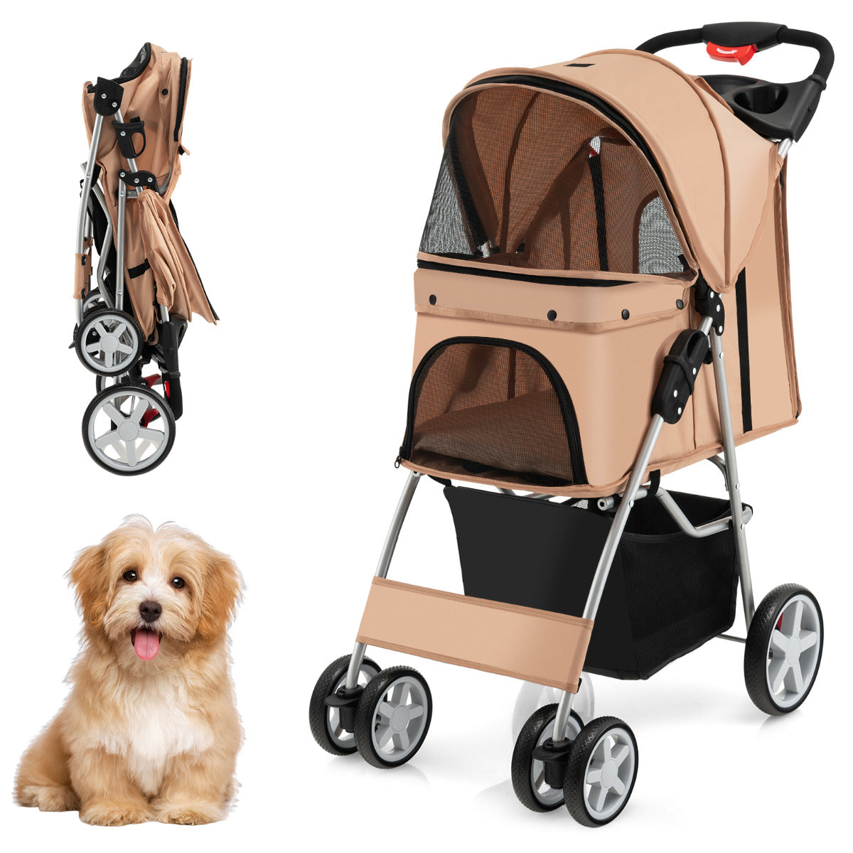LIVSK Draagbare Dierenwagen - Opvouwbaar met Bekerhouder - Ademend Ontwerp - Voor Huisdieren tot 40,5 cm - Beige