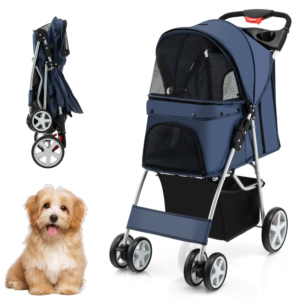 LIVSK Draagbare Dierenwagen - Opvouwbaar met Gaasramen - Bekerhouder - Opbergmand - Tot 15 kg - Donkerblauw