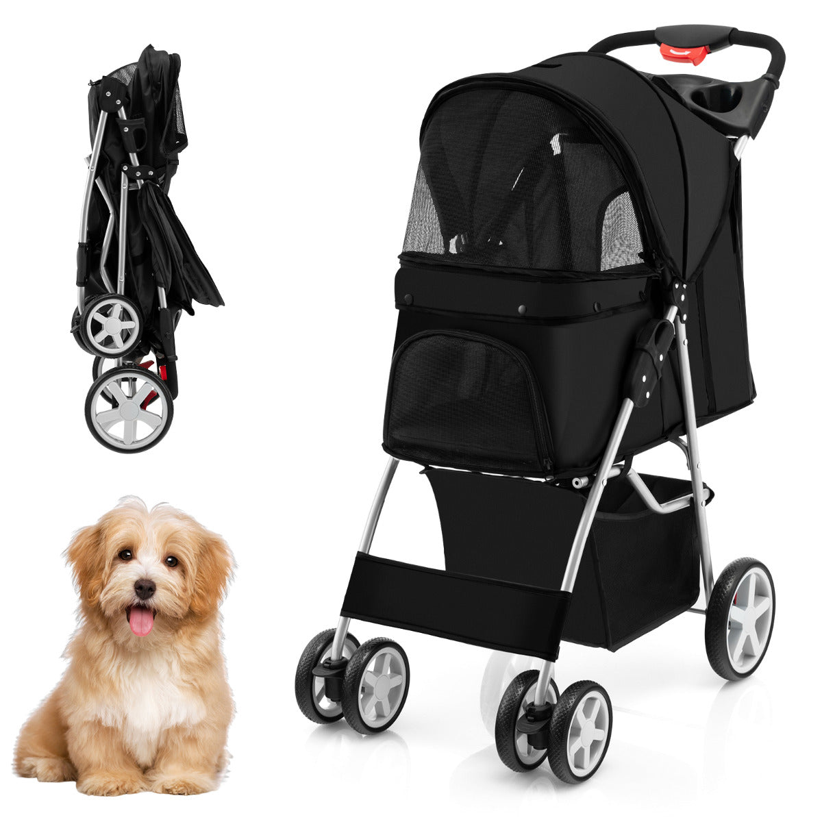 LIVSK Opvouwbare Dierenwagen - Bekerhouder - Ademend Ontwerp met 4 Gaasramen - Voor Huisdieren tot 40,5 cm - Zwart