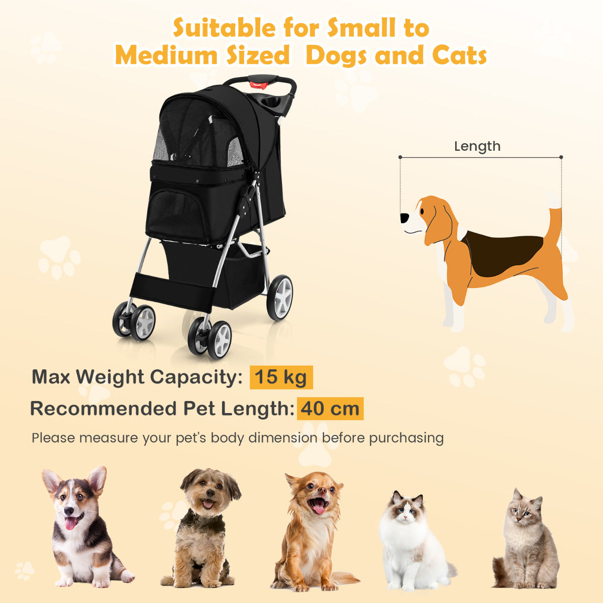 LIVSK Opvouwbare Dierenwagen - Bekerhouder - Ademend Ontwerp met 4 Gaasramen - Voor Huisdieren tot 40,5 cm - Zwart