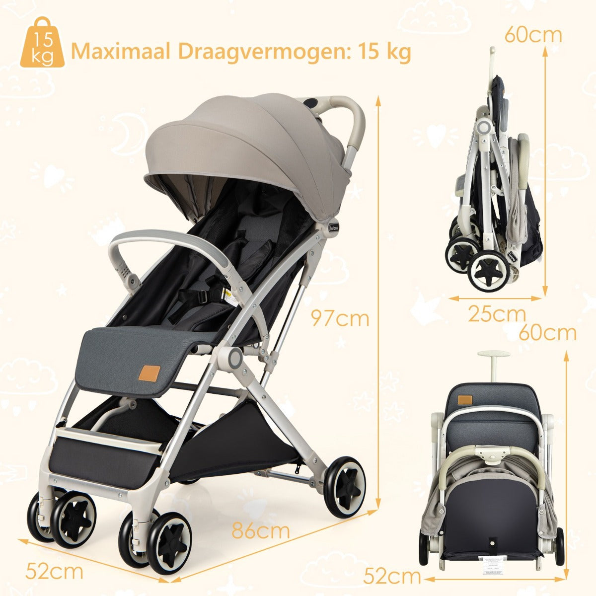 LIVSK Lichtgewicht Kinderwagen - Opvouwbaar - Verstelbare Zonnekap - 5-Punts Gordel - Zwenkwielen - Grijs