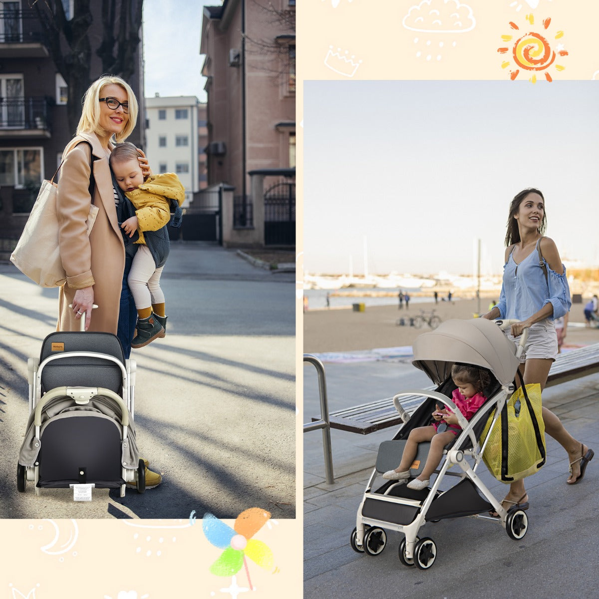 LIVSK Lichtgewicht Kinderwagen - Opvouwbaar - Verstelbare Zonnekap - 5-Punts Gordel - Zwenkwielen - Grijs