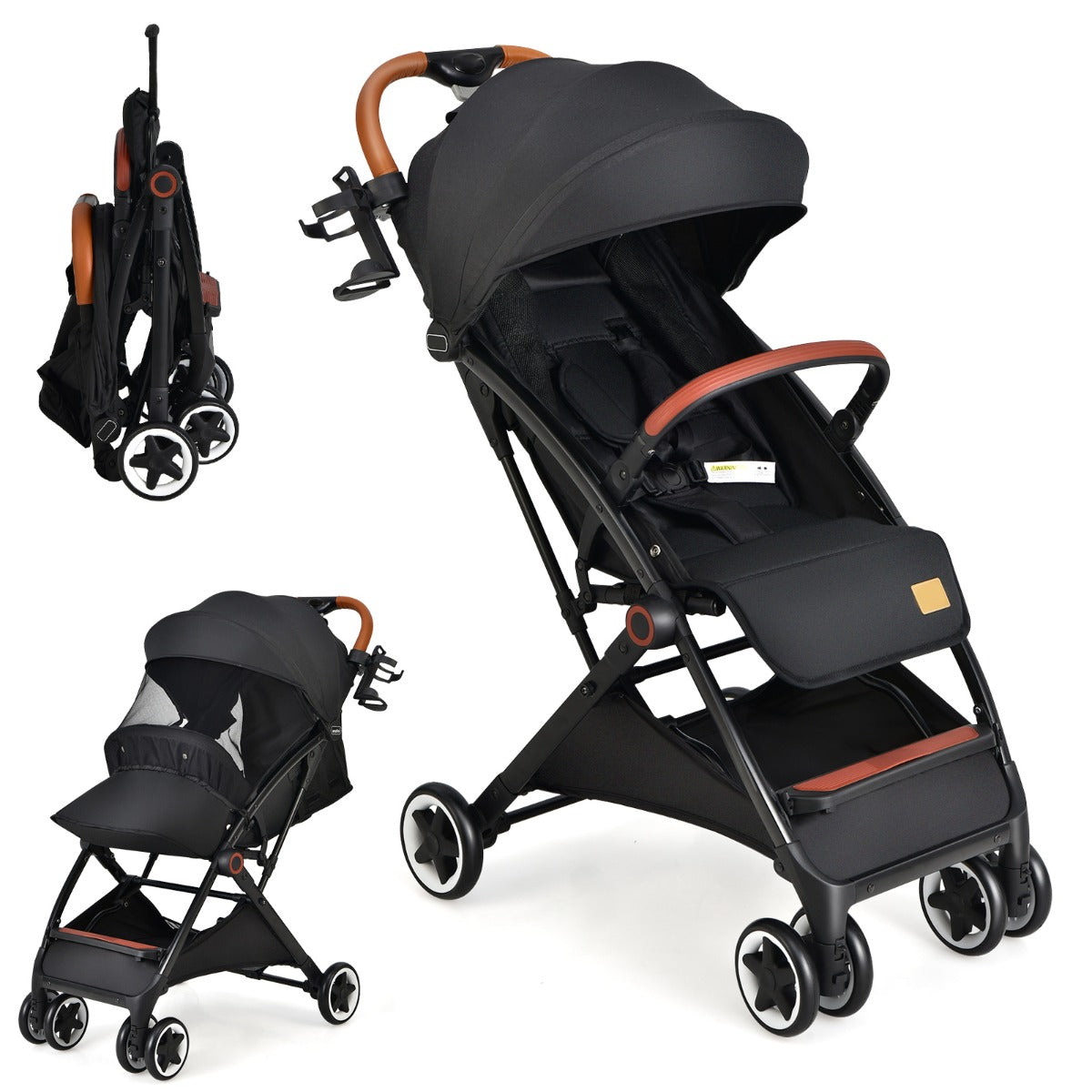 LIVSK Lichtgewicht Kinderwagen - Verstelbare Zonnekap - 5-Punts Veiligheidsgordel - Opvouwbaar - Zwart