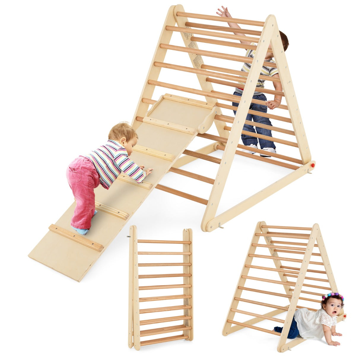 LIVSK Opvouwbare Klimdriehoek - 2-in-1 met Ladder en Glijbaan - Veilig Natuurlijk Hout - Voor Kinderen 3+ - Kleurrijk