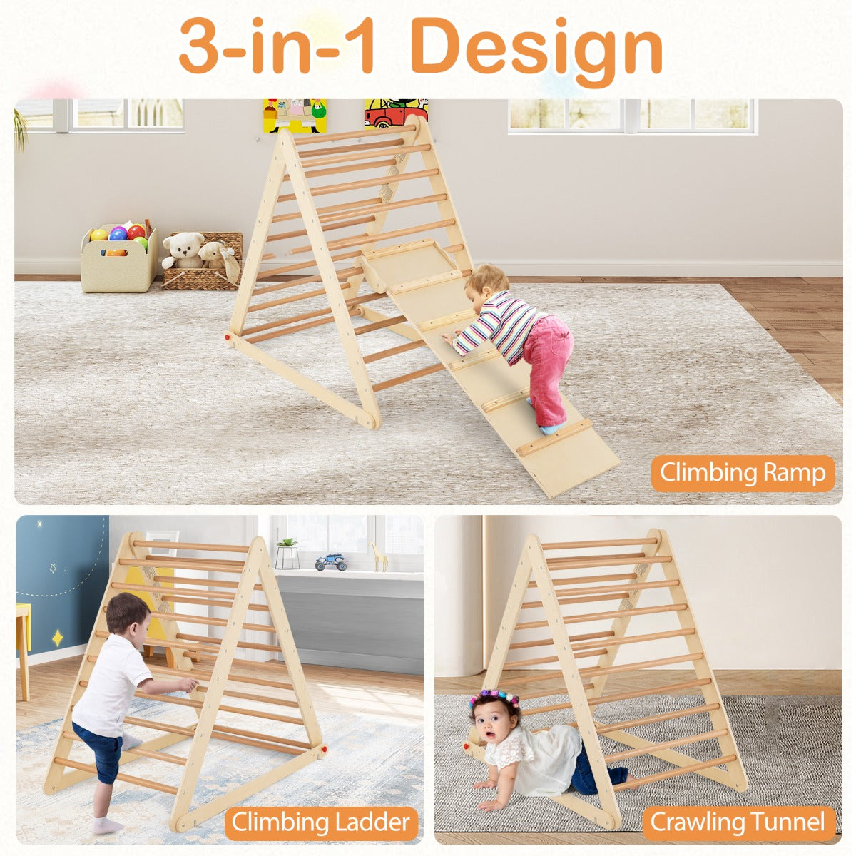 LIVSK Opvouwbare Klimdriehoek - 2-in-1 met Ladder en Glijbaan - Veilig Natuurlijk Hout - Voor Kinderen 3+ - Kleurrijk