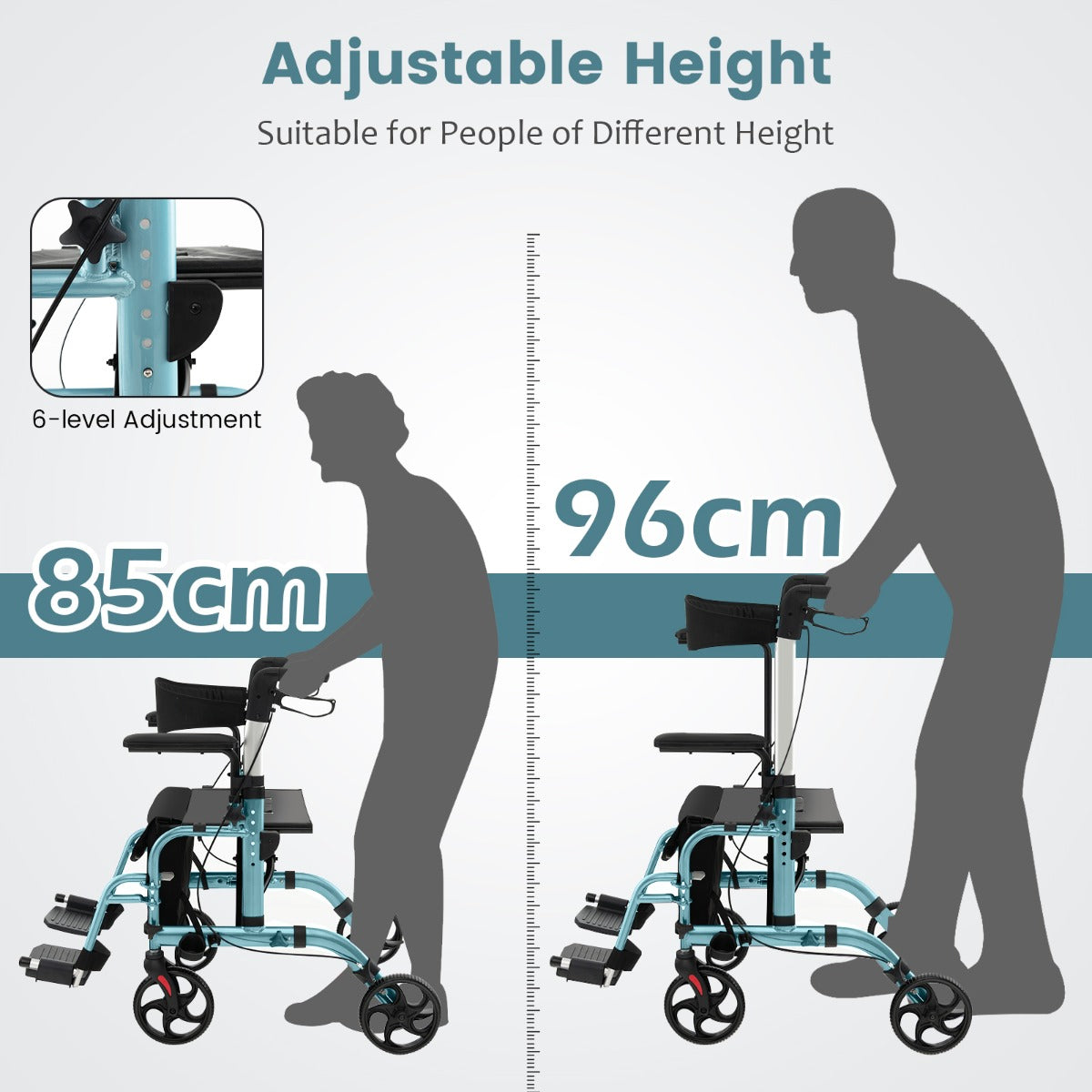 LIVSK Opvouwbare 2-in-1 Rollator en Rolstoel - Lichtgewicht - Hoogteverstelbaar - Tot 136 kg - Met Handrem - Blauw