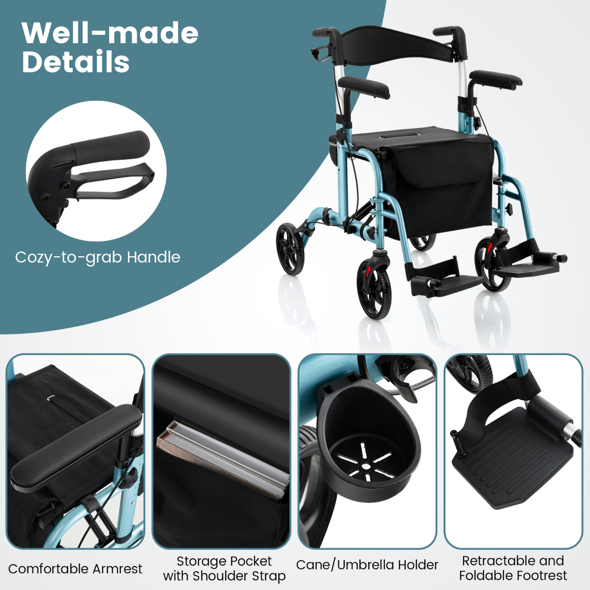 LIVSK Opvouwbare 2-in-1 Rollator en Rolstoel - Lichtgewicht - Hoogteverstelbaar - Tot 136 kg - Met Handrem - Blauw