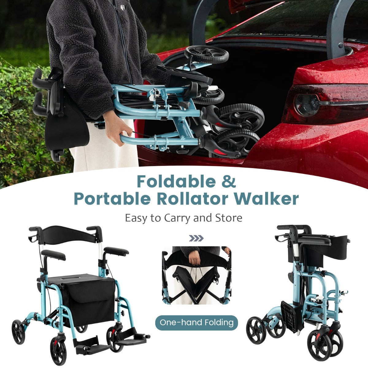 LIVSK Opvouwbare 2-in-1 Rollator en Rolstoel - Lichtgewicht - Hoogteverstelbaar - Tot 136 kg - Met Handrem - Blauw