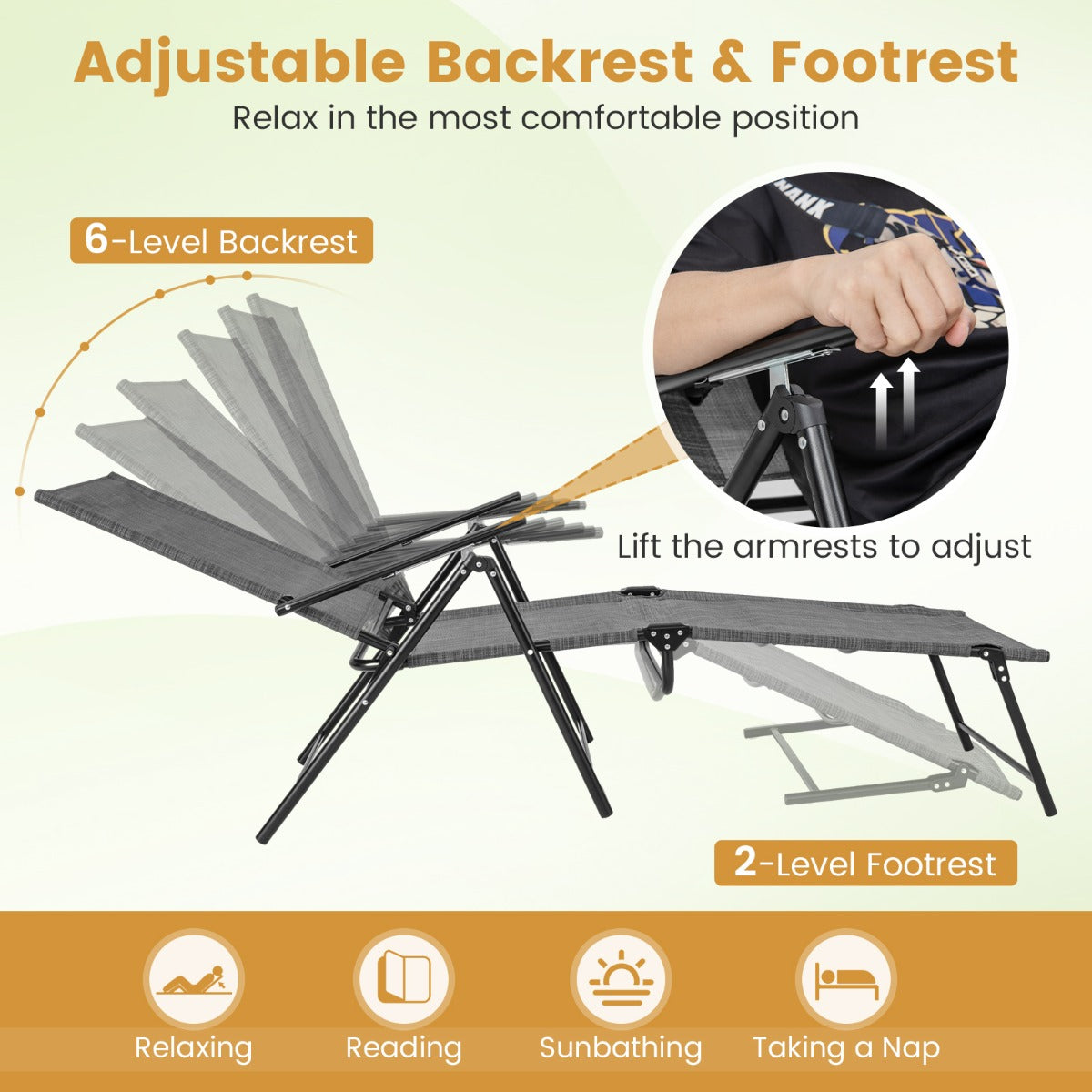 LIVSK Verstelbare Opvouwbare Terrasligstoelen - 6 Rugleuningstanden - Compact Ontwerp - Tot 150 kg - Grijs