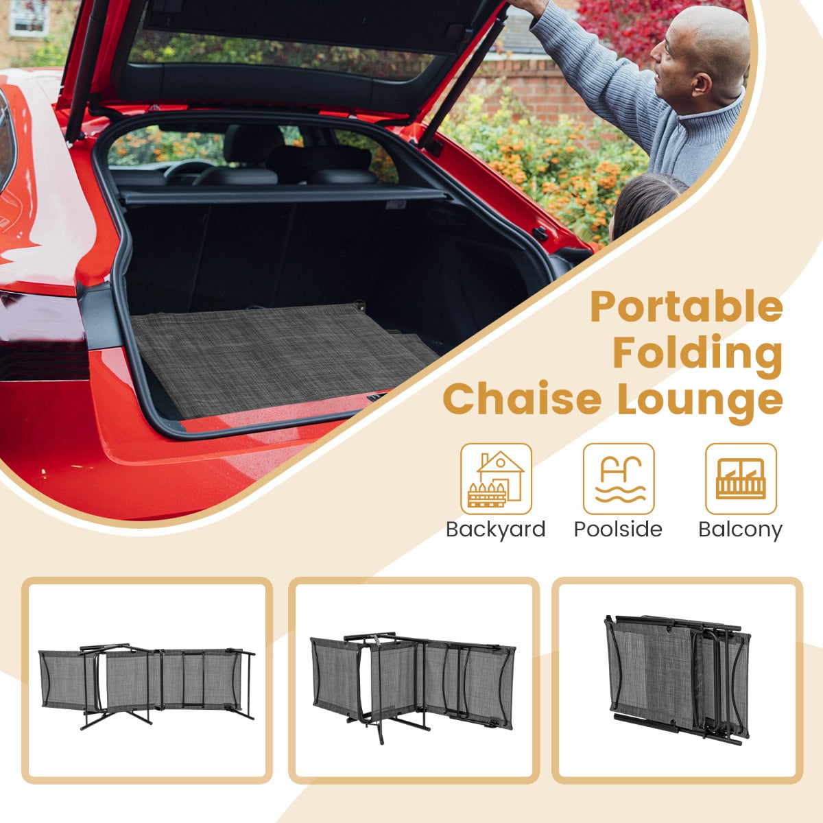 LIVSK Verstelbare Opvouwbare Terrasligstoelen - 6 Rugleuningstanden - Compact Ontwerp - Tot 150 kg - Grijs