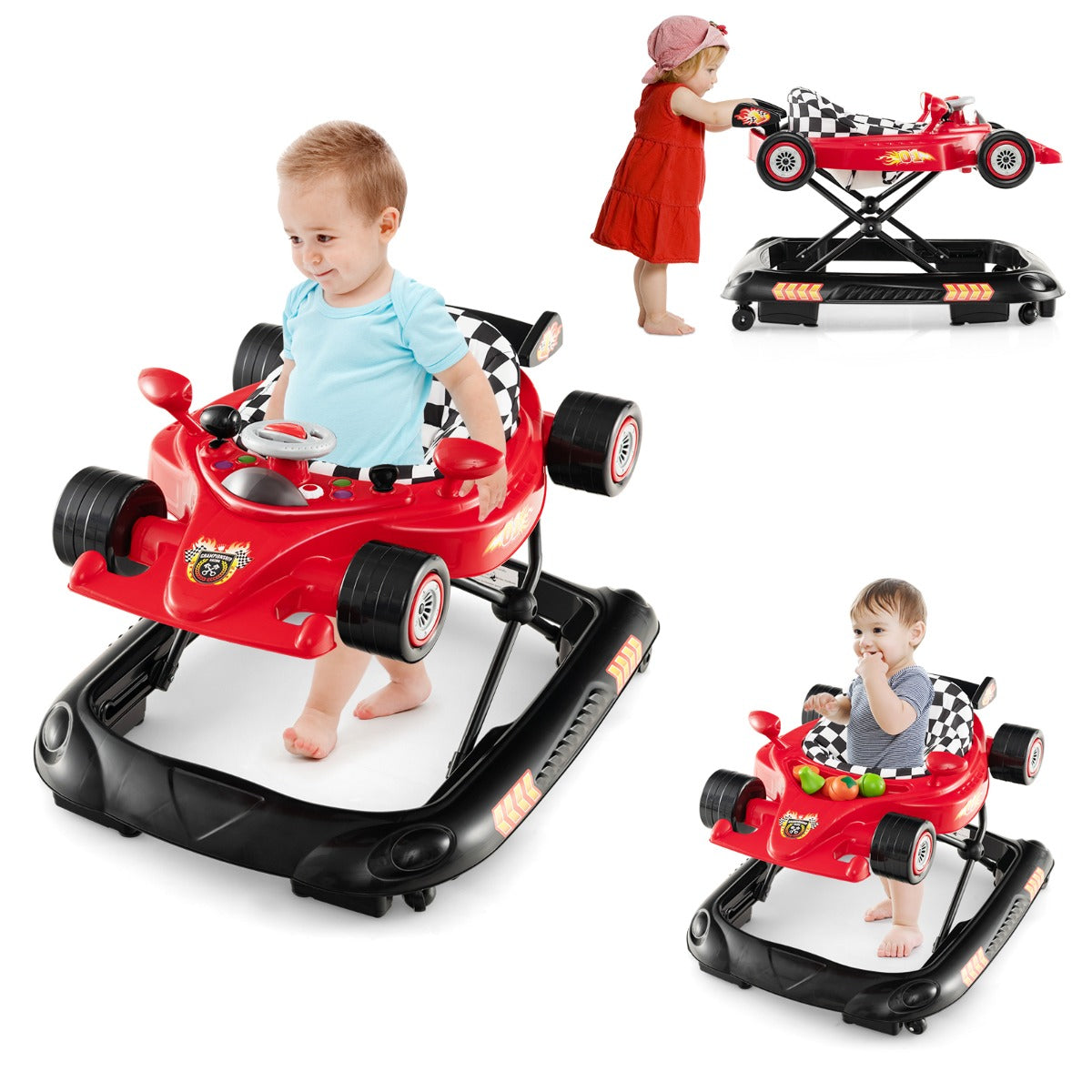 LIVSK Loopstoeltje - Verstelbaar in 3 Hoogtes - Interactief Raceauto-Design - Antislip - Ergonomisch - Rood