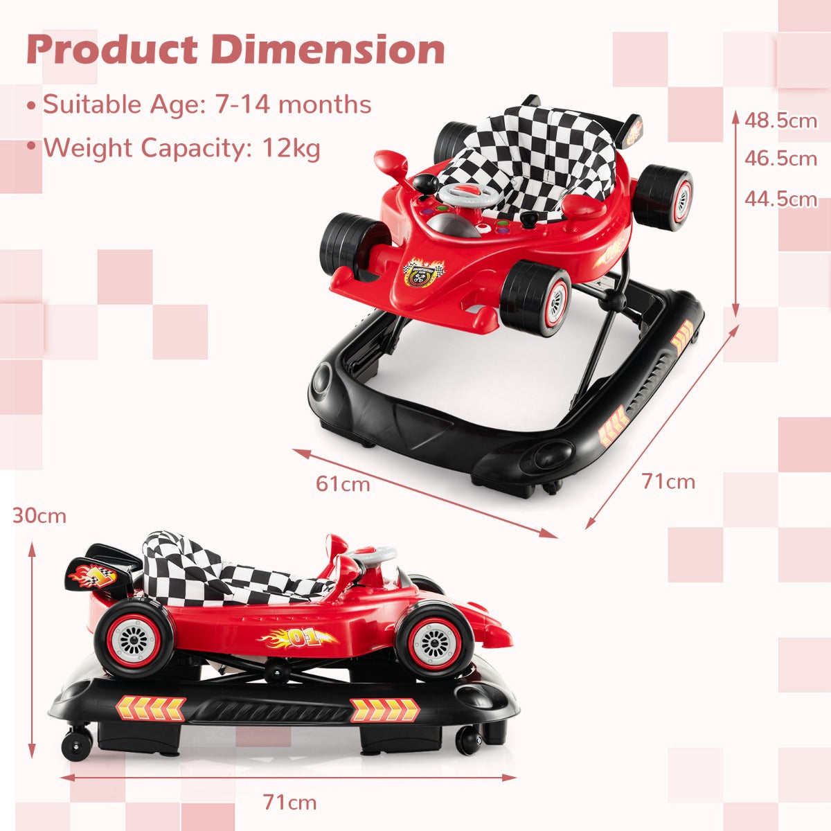 LIVSK Loopstoeltje - Verstelbaar in 3 Hoogtes - Interactief Raceauto-Design - Antislip - Ergonomisch - Rood