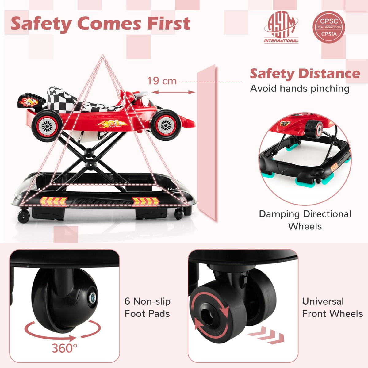 LIVSK Loopstoeltje - Verstelbaar in 3 Hoogtes - Interactief Raceauto-Design - Antislip - Ergonomisch - Rood