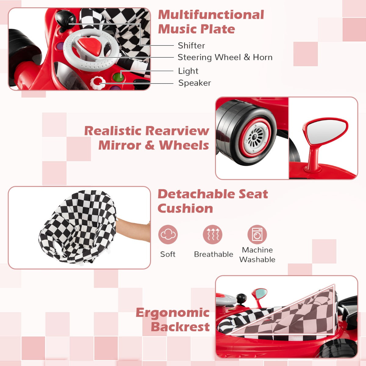 LIVSK Loopstoeltje - Verstelbaar in 3 Hoogtes - Interactief Raceauto-Design - Antislip - Ergonomisch - Rood